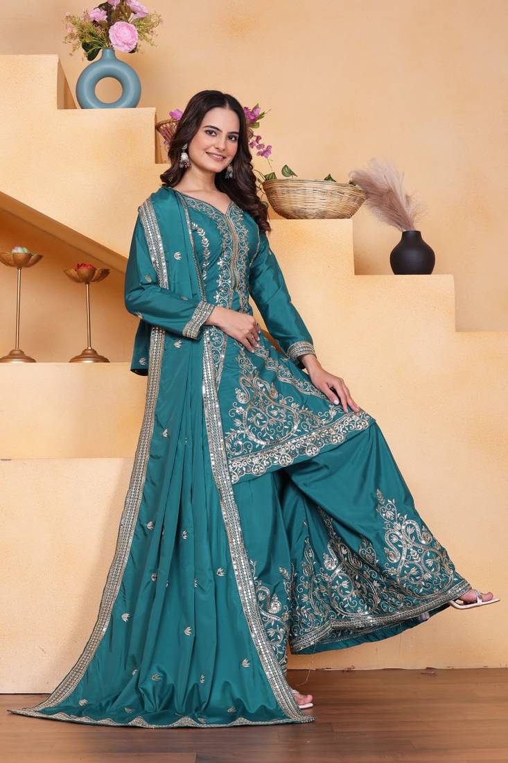 Teal sequins embroidered natural crepe stitched salwar kameez