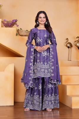 Lavender sequins embroidered chinon stitched salwar kameez 1