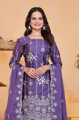 Lavender sequins embroidered chinon stitched salwar kameez