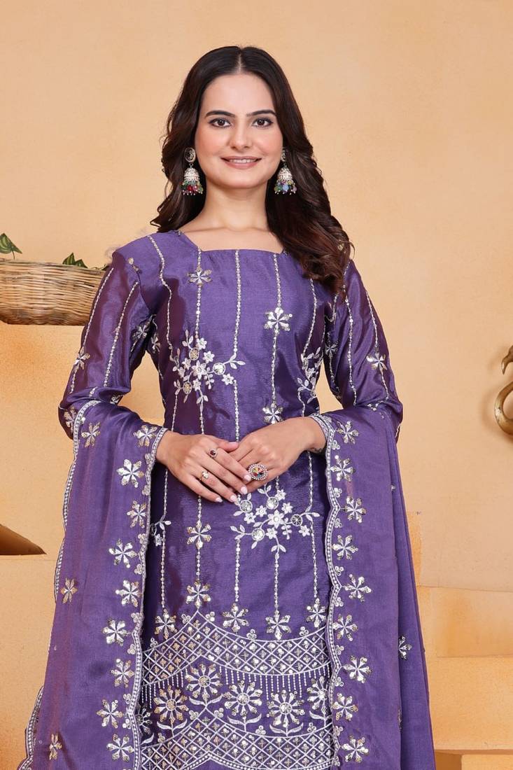 Lavender sequins embroidered chinon stitched salwar kameez