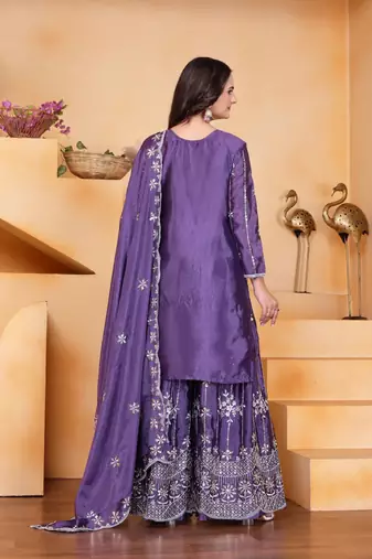 Lavender sequins embroidered chinon stitched salwar kameez