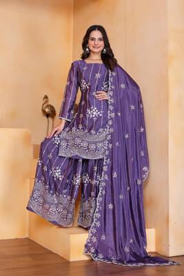 Lavender sequins embroidered chinon stitched salwar kameez 4