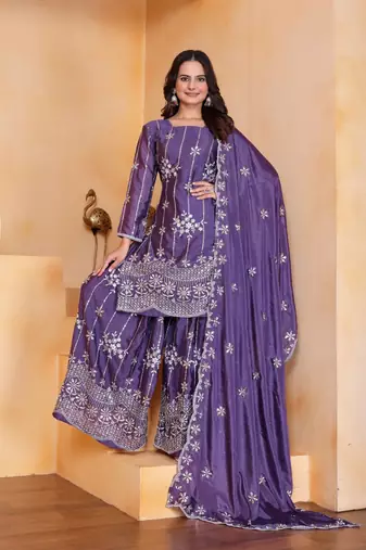 Lavender sequins embroidered chinon stitched salwar kameez