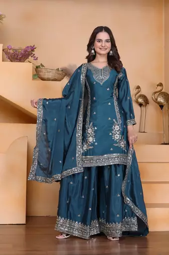 Teal sequins embroidered chinon stitched salwar kameez