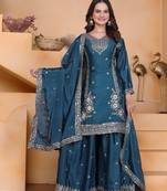 Teal sequins embroidered chinon stitched salwar kameez