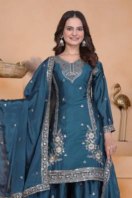 Teal sequins embroidered chinon stitched salwar kameez 2