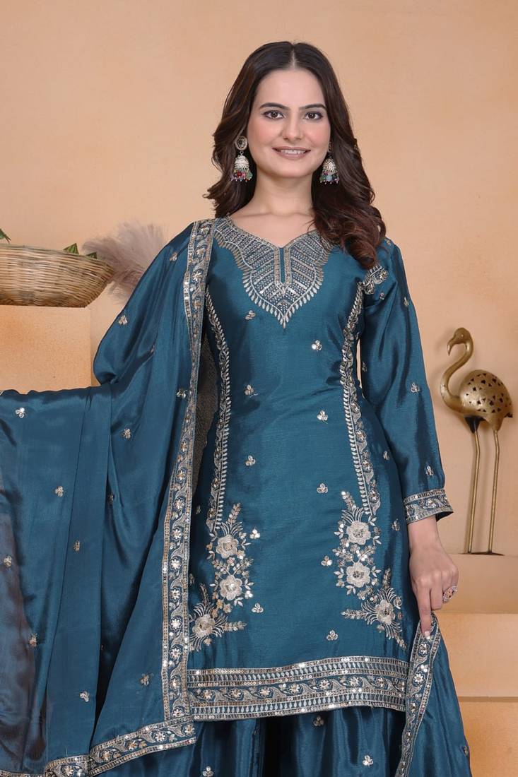 Teal sequins embroidered chinon stitched salwar kameez