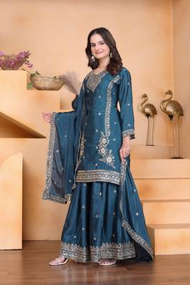 Teal sequins embroidered chinon stitched salwar kameez 3