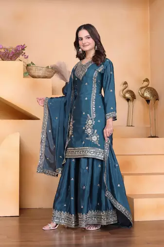 Teal sequins embroidered chinon stitched salwar kameez