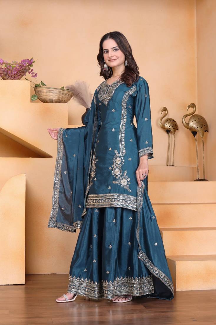 Teal sequins embroidered chinon stitched salwar kameez