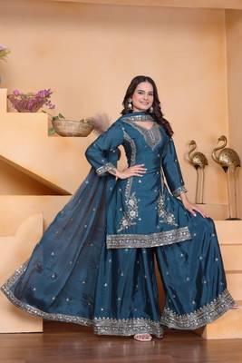 Teal sequins embroidered chinon stitched salwar kameez 4