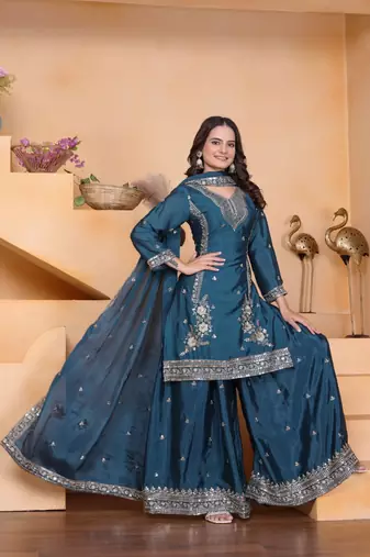Teal sequins embroidered chinon stitched salwar kameez