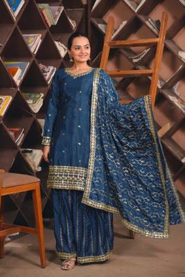 Blue sequins embroidered chinon stitched salwar kameez 1