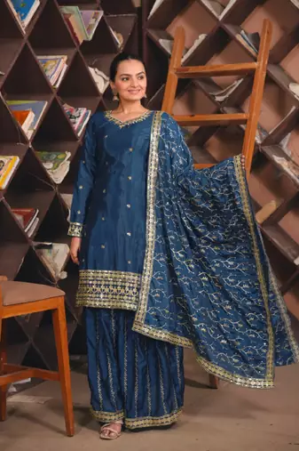 Blue sequins embroidered chinon stitched salwar kameez
