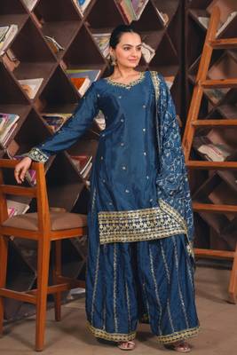 Blue sequins embroidered chinon stitched salwar kameez 2