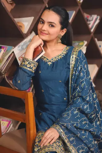 Blue sequins embroidered chinon stitched salwar kameez