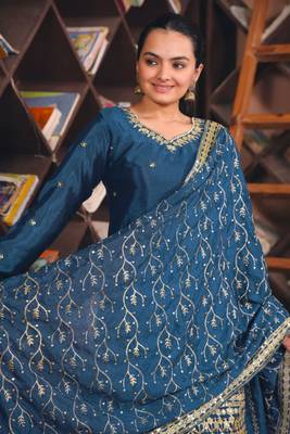 Blue sequins embroidered chinon stitched salwar kameez 4