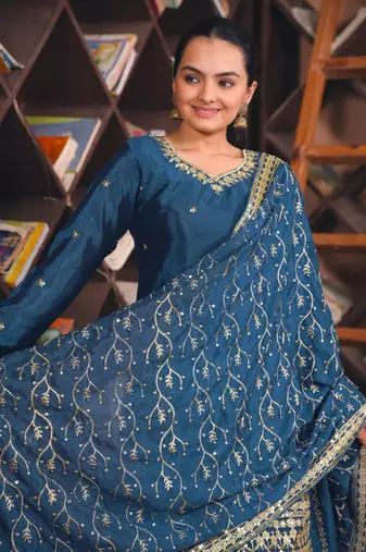 Blue sequins embroidered chinon stitched salwar kameez