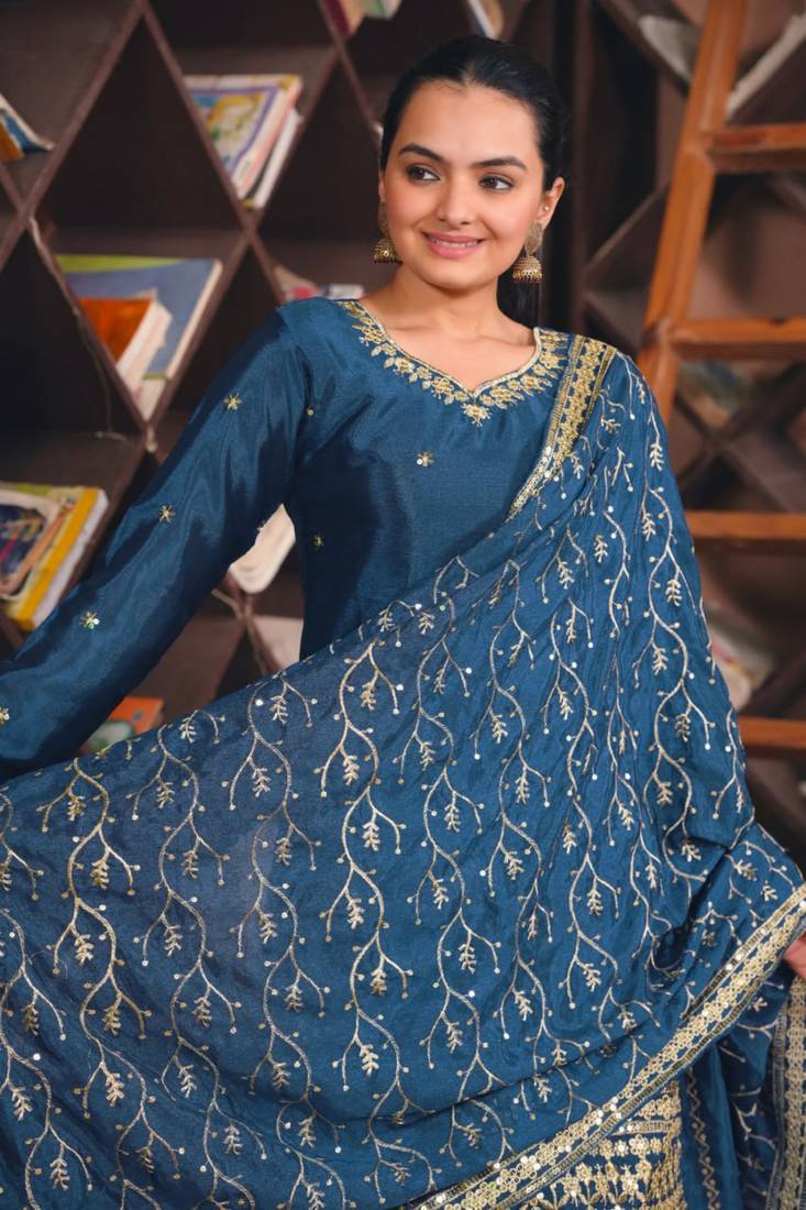 Blue sequins embroidered chinon stitched salwar kameez