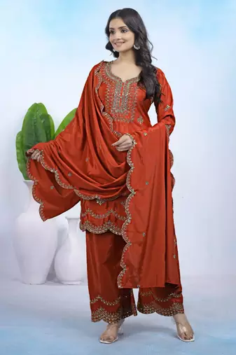 Rust sequins embroidered natural crepe stitched salwar kameez