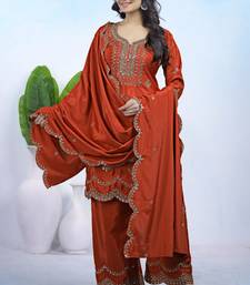 Rust sequins embroidered natural crepe stitched salwar kameez