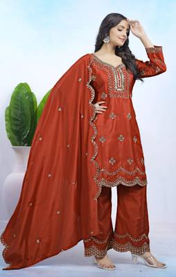 Rust sequins embroidered natural crepe stitched salwar kameez 2