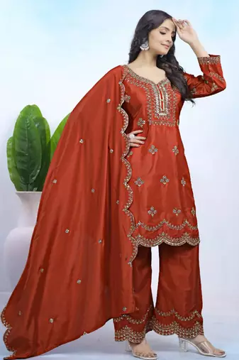 Rust sequins embroidered natural crepe stitched salwar kameez