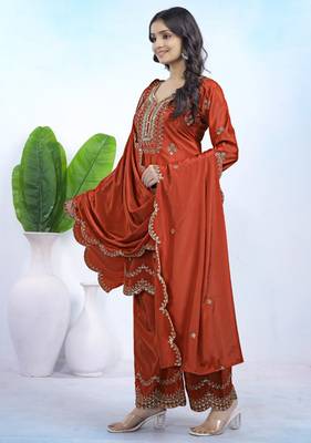 Rust sequins embroidered natural crepe stitched salwar kameez 3