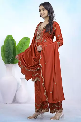 Rust sequins embroidered natural crepe stitched salwar kameez