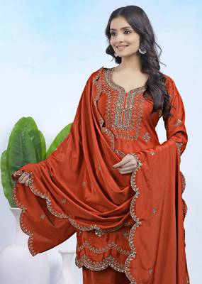 Rust sequins embroidered natural crepe stitched salwar kameez 4