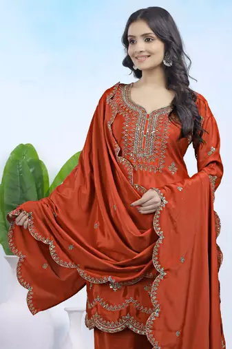 Rust sequins embroidered natural crepe stitched salwar kameez