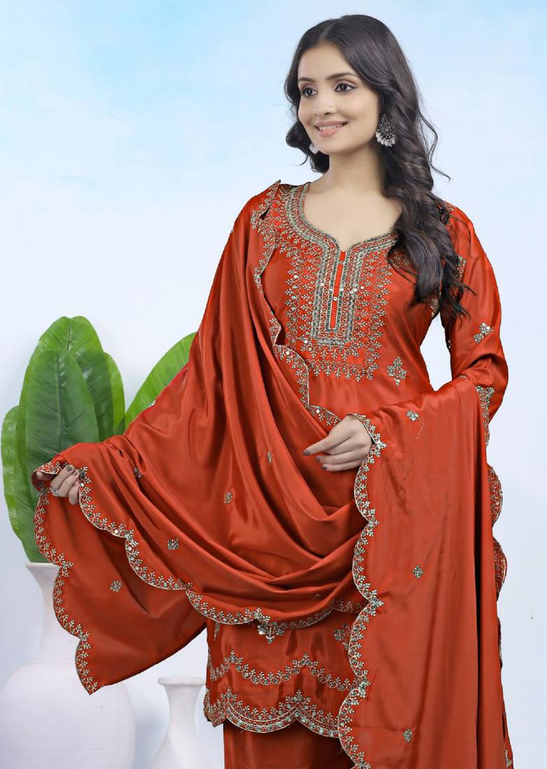 Rust sequins embroidered natural crepe stitched salwar kameez