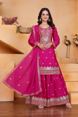 Pink sequins embroidered chinon stitched salwar kameez 1