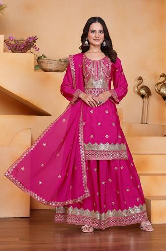 Pink sequins embroidered chinon stitched salwar kameez