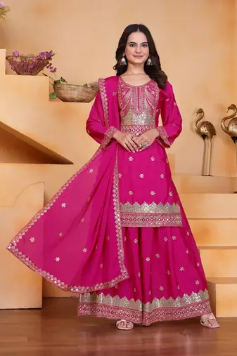 Pink sequins embroidered chinon stitched salwar kameez
