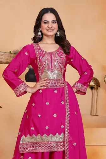 Pink sequins embroidered chinon stitched salwar kameez
