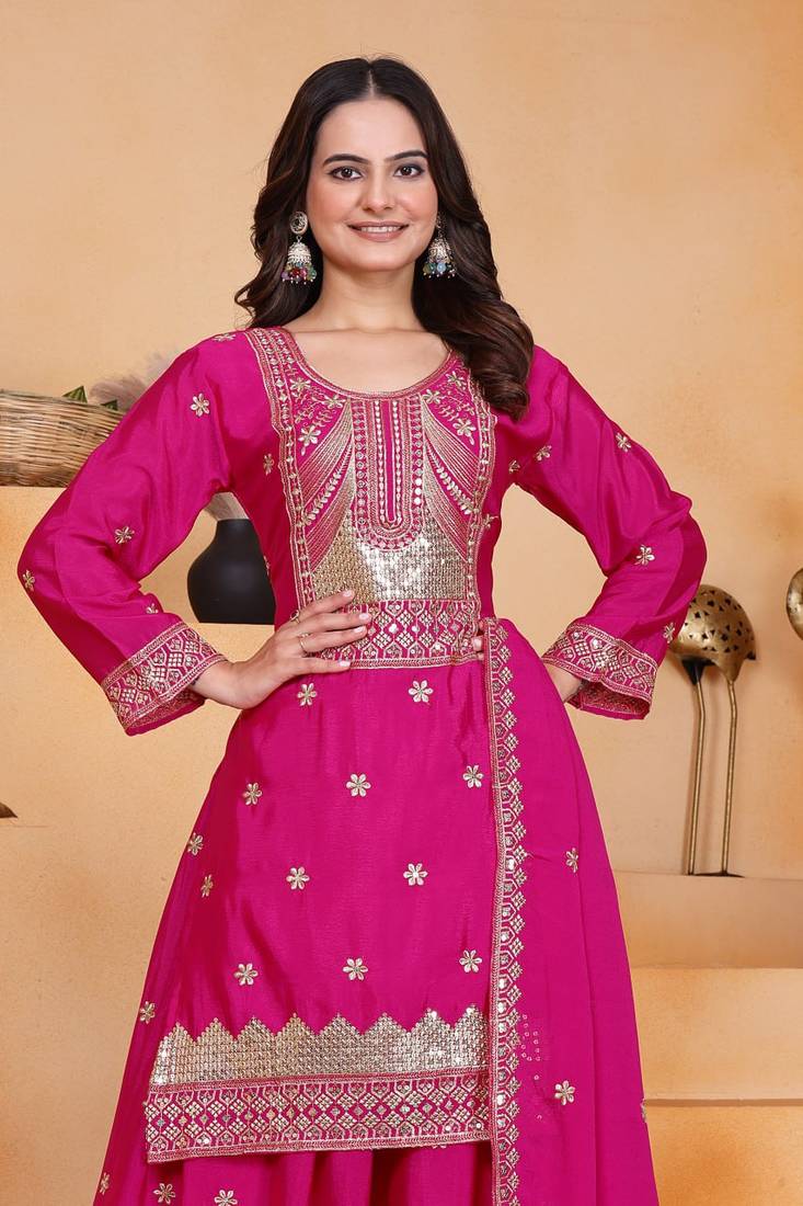 Pink sequins embroidered chinon stitched salwar kameez
