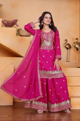 Pink sequins embroidered chinon stitched salwar kameez 3