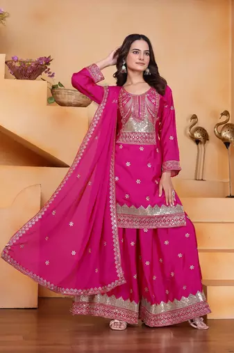 Pink sequins embroidered chinon stitched salwar kameez