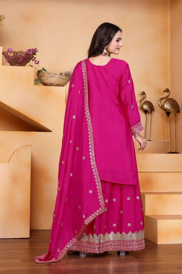 Pink sequins embroidered chinon stitched salwar kameez