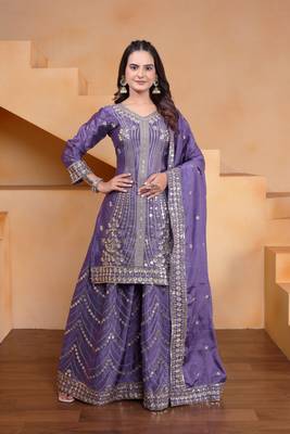 Lavender sequins embroidered chinon stitched salwar kameez 1