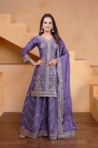 Lavender sequins embroidered chinon stitched salwar kameez