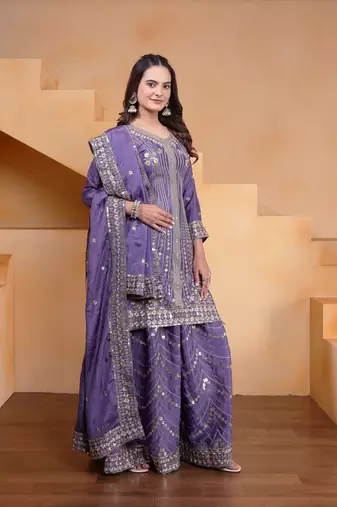 Lavender sequins embroidered chinon stitched salwar kameez