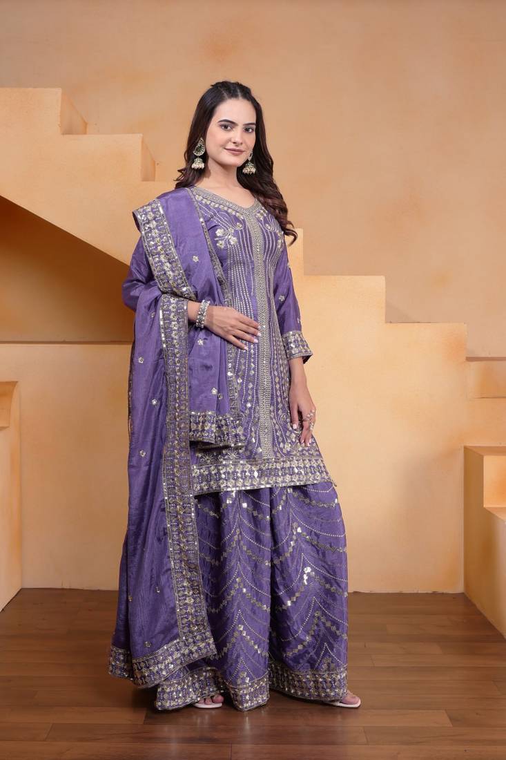 Lavender sequins embroidered chinon stitched salwar kameez