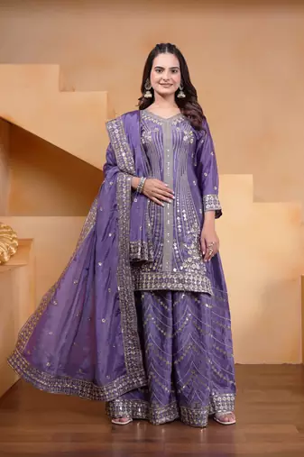Lavender sequins embroidered chinon stitched salwar kameez