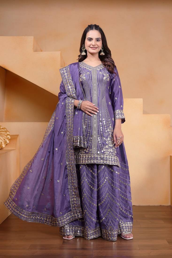 Lavender sequins embroidered chinon stitched salwar kameez