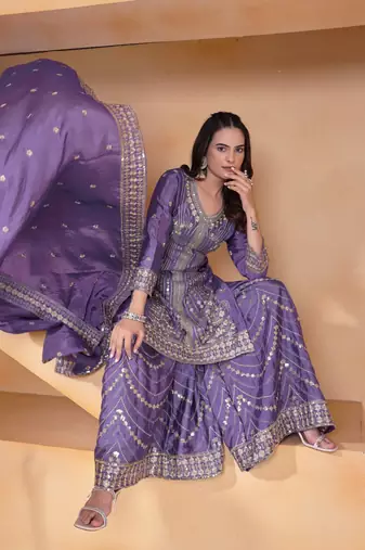 Lavender sequins embroidered chinon stitched salwar kameez