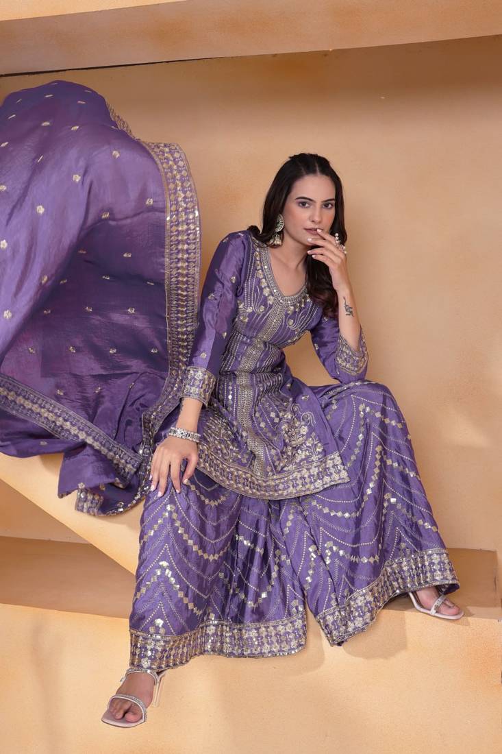 Lavender sequins embroidered chinon stitched salwar kameez