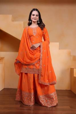 Orange sequins embroidered chinon stitched salwar kameez 1