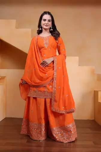 Orange sequins embroidered chinon stitched salwar kameez
